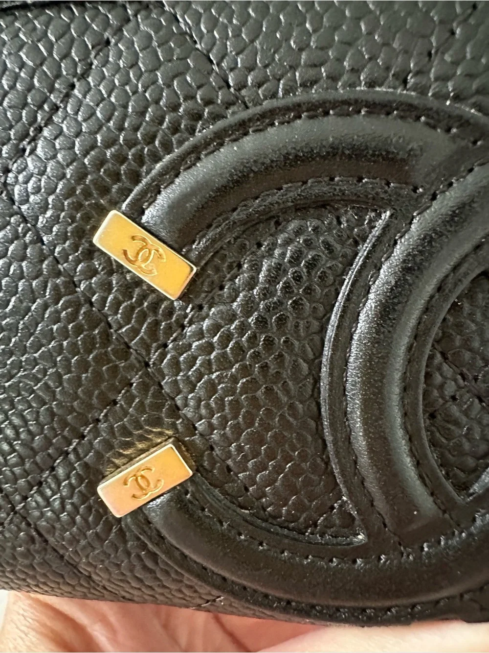 CHANEL Black Quilted Caviar Leather Zip Wallet with Gold Accents